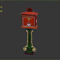 Red Vintage Mailbox With Black Iron Stand And Decorative Top
