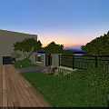 Evening Outdoor Garden Landscape With Wooden Deck Sofa Seating Trees Lighting And Grass Area