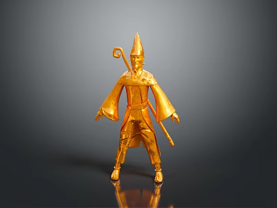 Golden Woman Doll Wearing Pointed Hat Holding Staff In Robe On Black Background 3d model