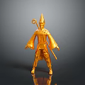 Golden Woman Doll Wearing Pointed Hat Holding Staff In Robe On Black Background