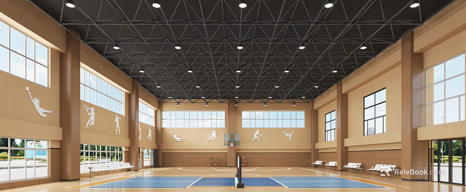 Indoor Sports Gym With Basketball Hoop Volleyball Net And Sports Silhouettes 3d model 