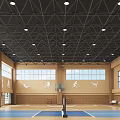Indoor Sports Gym With Basketball Hoop Volleyball Net And Sports Silhouettes