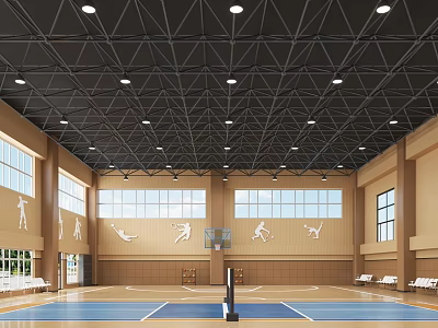 Indoor Sports Gym With Basketball Hoop Volleyball Net And Sports Silhouettes 3d model