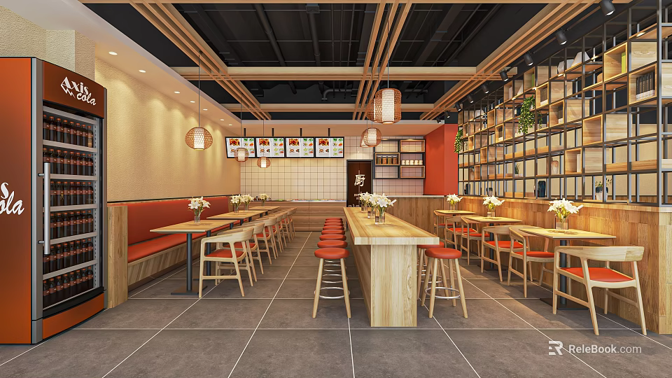 Modern Restaurant Interior With Wooden Decor Long Bar Counter Red Seats And Hanging Lamps 3d model 