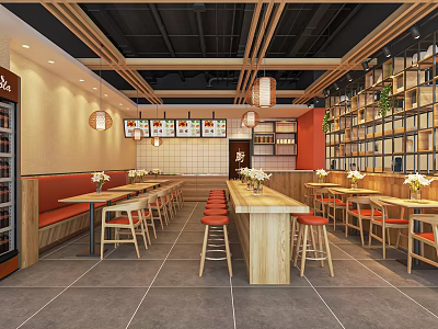 Modern Restaurant Interior With Wooden Decor Long Bar Counter Red Seats And Hanging Lamps 3d model