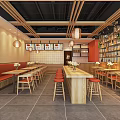 Modern Restaurant Interior With Wooden Decor Long Bar Counter Red Seats And Hanging Lamps