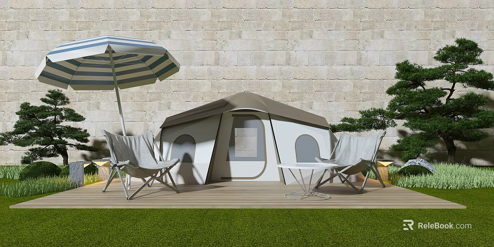 Cozy Camping Tent With Folding Chairs Table Striped Umbrella Stone Wall And Grass 3d model 