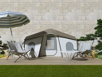 Cozy Camping Tent With Folding Chairs Table Striped Umbrella Stone Wall And Grass 3d model