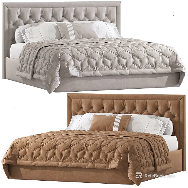 Double Beds With Light Gray And Brown Quilted Bedspreads Tufted Upholstered Headboards And Decorative Pillows 3d model 