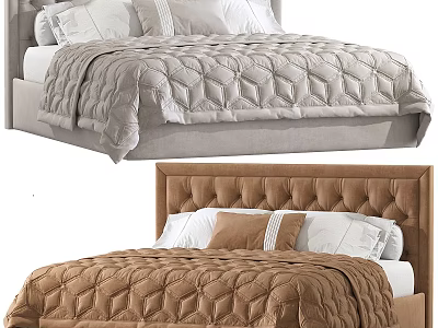 Double Beds With Light Gray And Brown Quilted Bedspreads Tufted Upholstered Headboards And Decorative Pillows 3d model