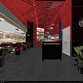 Red Themed Hot Pot Restaurant Interior With Red Tables Chairs And Decorative Posters