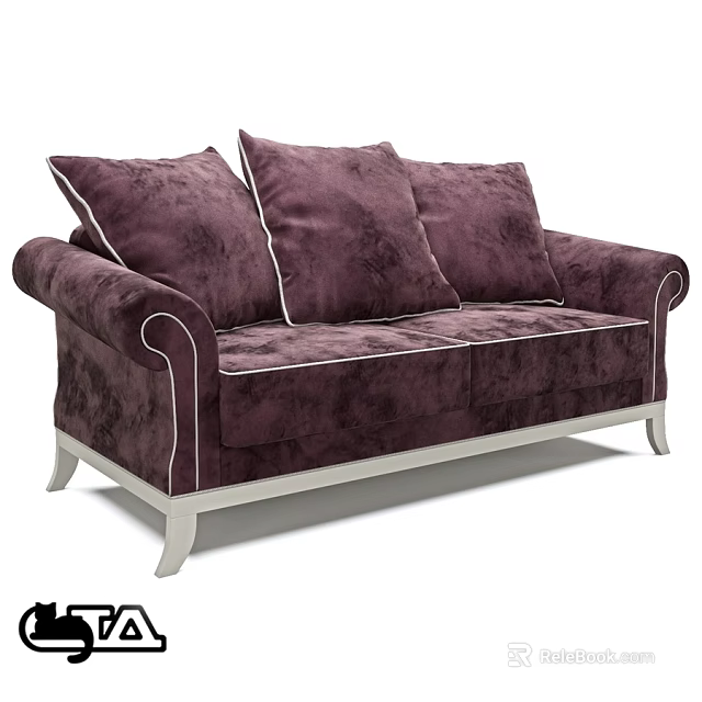 Purple Velvet Two Seater Sofa With White Stitching And Wooden Legs 3d model 