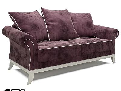 Purple Velvet Two Seater Sofa With White Stitching And Wooden Legs 3d model