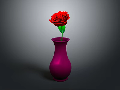 Hand Carved Flower Sculpture With Red Rose In Purple Vase On Gray Background 3d model