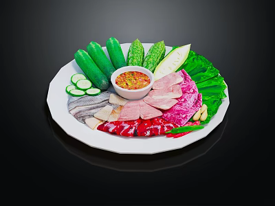Assorted Fresh Food Platter With Cucumber Sliced Meat Lettuce And Dip Sauce 3d model