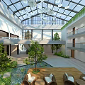 Modern Indoor Atrium With Glass Skylight Hanging Decorations Green Plants And Sofa Area