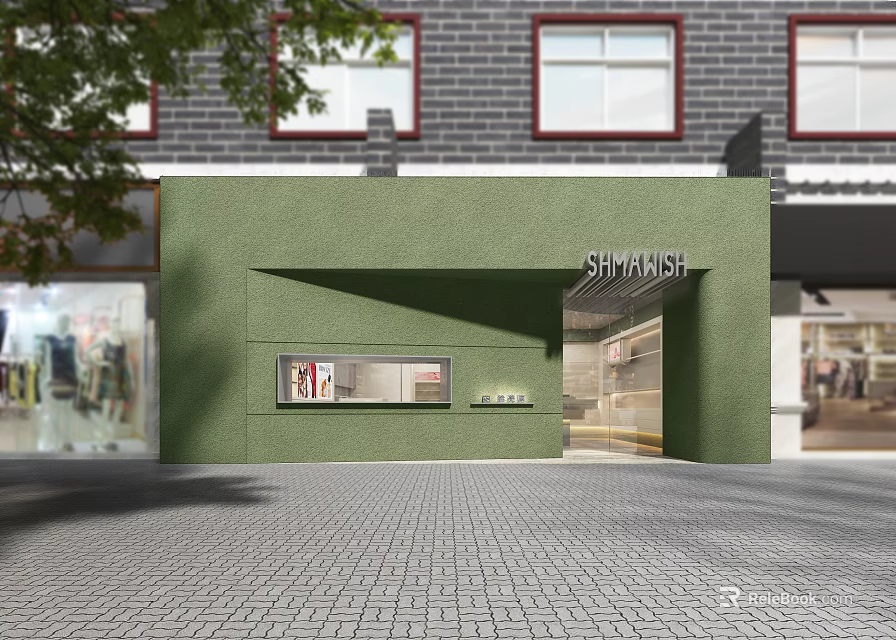 Green SHIMASHI Storefront Design With Brick Wall Entrance And Display Windows 3d model 