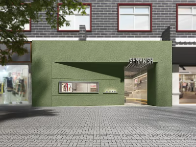 Green SHIMASHI Storefront Design With Brick Wall Entrance And Display Windows 3d model