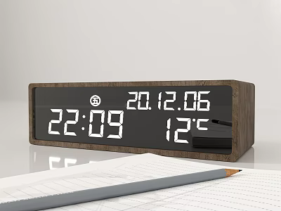 Wooden Digital Clock with Time Date Temperature Display and Paper Pencil on Desk 3d model