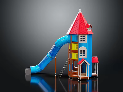 Colorful Kids Playground Equipment with Blue Slide Red Roof Tower Yellow Blue Walls and Ladder 3d model