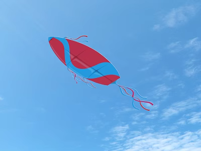 Colorful Blue And Red Kite Flying High In Clear Blue Sky With Clouds 3d model