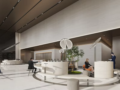 Modern Front Desk Reception Area With Circular Counter Green Plants And Reception Staff 3d model