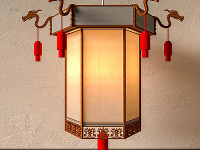 Traditional Chinese Lantern With Red Tassels Carved Wooden Frame And Illuminated Design 3d model