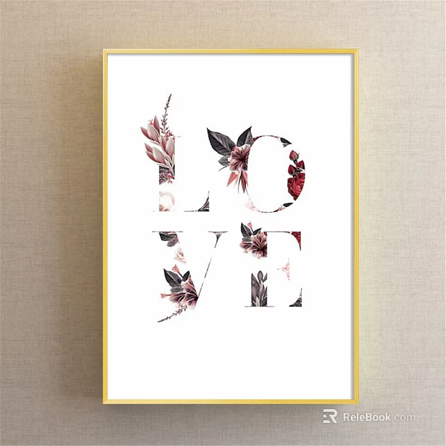 Floral LOVE Wall Art With Red Pink Leaves And Golden Frame White Background Design 3d model 