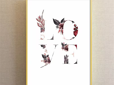Floral LOVE Wall Art With Red Pink Leaves And Golden Frame White Background Design 3d model