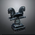 Blue Two Horse Sculpture With Intricate Carved Base And Decorative Details