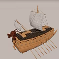 Ancient Ship With Dragon Head Design White Sails And Wooden Oars