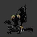 Mythical Character With Black Tree Like Structure Golden Claws Green Accents And Small Dragon Creature
