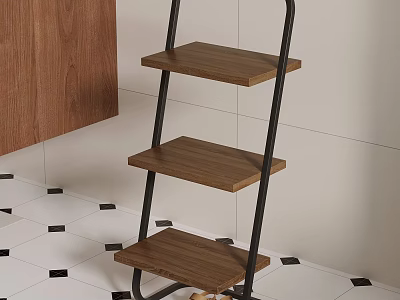 Three Tier Kitchen Storage Shelf With Wooden Boards And Black Metal Frame 3d model