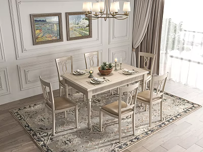 Elegant Classic Dining Table and Chairs Set with Chandelier Paintings and Wainscoting 3d model