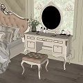 Elegant White Dressing Table With Oval Mirror Matching Stool And Floral Wallpaper In Bedroom