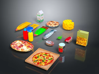 Assorted Food Items Including Pizzas Milk Carton Cheese Fish Condiments And Chips 3d model