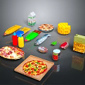 Assorted Food Items Including Pizzas Milk Carton Cheese Fish Condiments And Chips