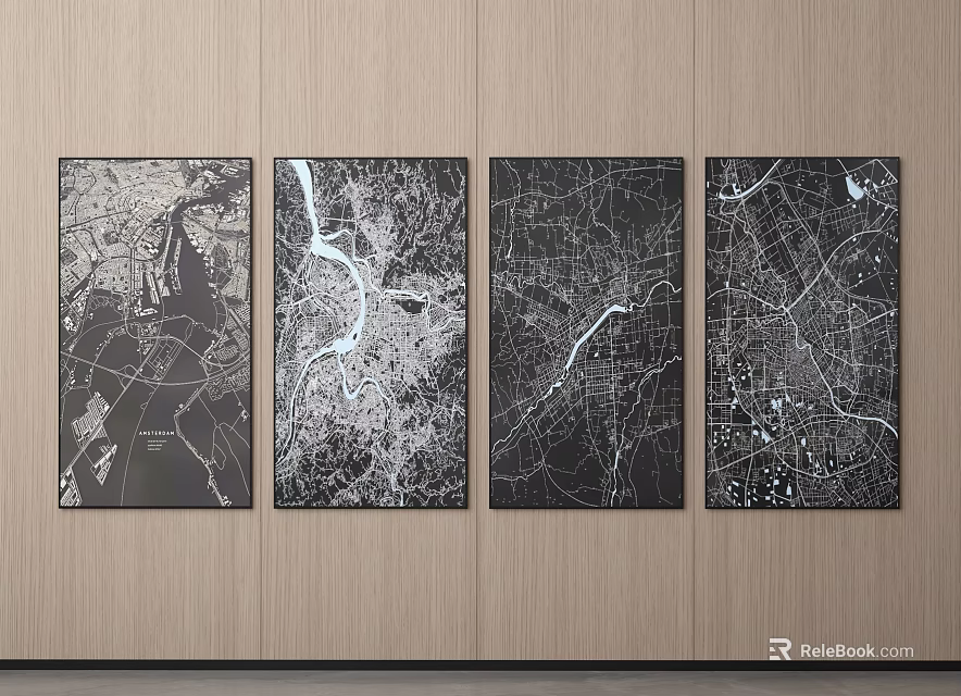 Four Black And White City Map Wall Art Prints On Wooden Wall For Interior Decor 3d model 