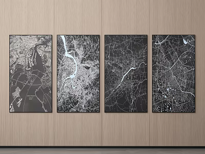 Four Black And White City Map Wall Art Prints On Wooden Wall For Interior Decor 3d model