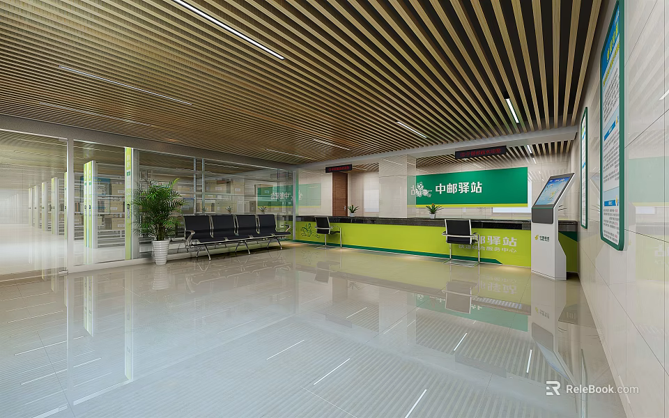 Modern Service Hall Interior With Service Counter Waiting Seats Green Plants And Bright Lighting 3d model 