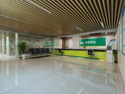 Modern Service Hall Interior With Service Counter Waiting Seats Green Plants And Bright Lighting 3d model