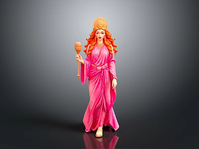 Woman In Pink Robe With Golden Headdress Holding Scepter Against Gray Background 3d model