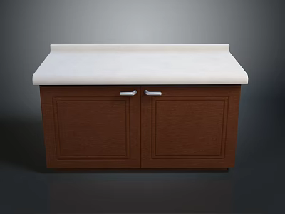 Modern Two Door Brown Kitchen Cabinet With White Countertop And Silver Handles 3d model