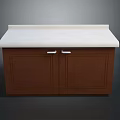Modern Two Door Brown Kitchen Cabinet With White Countertop And Silver Handles