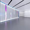 Modern Exhibition Hall Interior Design With Curved Counter Glass Walls And Lighting