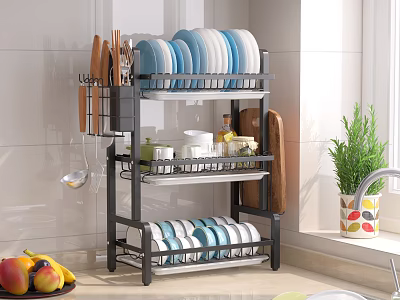Kitchen Multi Tier Dish Rack With Plates Bowls Knives Cutting Board Fruits And Potted Plant 3d model