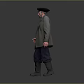 Elderly Man In Gray Coat Striped Shirt Pants Gray Boots And Black Beret Standing