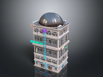 Modern Multi Story Hotel Building With Shiny Dome And Neon Signs 3d model