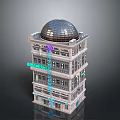 Modern Multi Story Hotel Building With Shiny Dome And Neon Signs