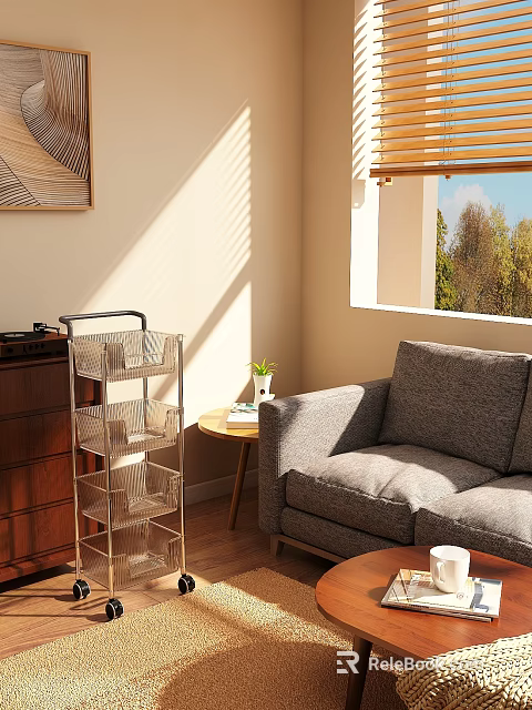 Bright Living Room Interior With Wooden Storage Shelf Sofa Side Table And Plant In Sunlight 3d model 